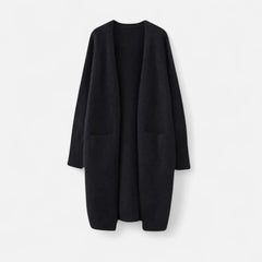 Josephine | Women's Ribbed Knit Longline Cardigan Sweater with Pockets - Black