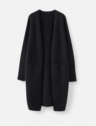 Josephine | Women's Ribbed Knit Longline Cardigan Sweater with Pockets - Black