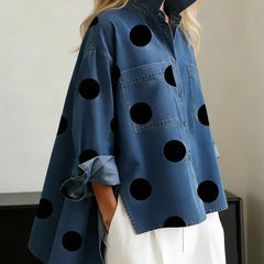 Catherine | Polka Dot Button Up Shirt with Spread Collar and Chest Pockets - Blue