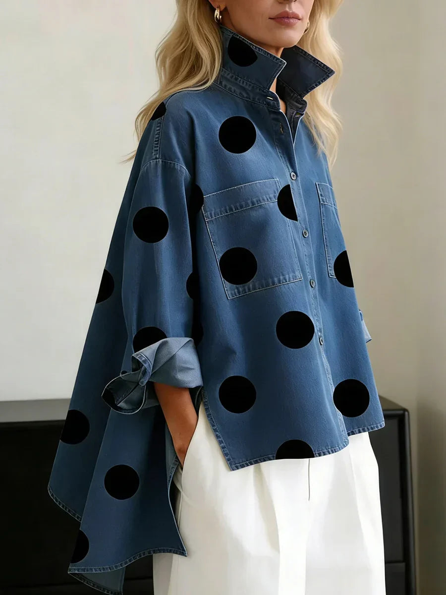 Catherine | Polka Dot Button Up Shirt with Spread Collar and Chest Pockets - Blue