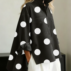 Catherine | Polka Dot Button Up Shirt with Spread Collar and Chest Pockets - Black
