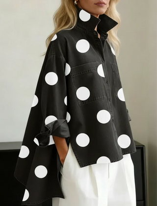 Catherine | Polka Dot Button Up Shirt with Spread Collar and Chest Pockets - Black