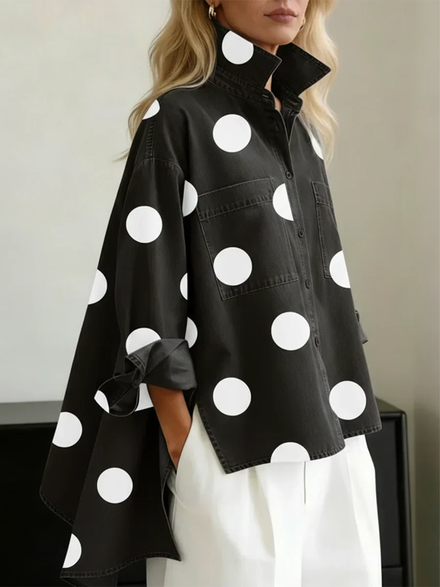 Catherine | Polka Dot Button Up Shirt with Spread Collar and Chest Pockets - Black
