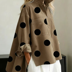 Catherine | Polka Dot Button Up Shirt with Spread Collar and Chest Pockets - Khaki