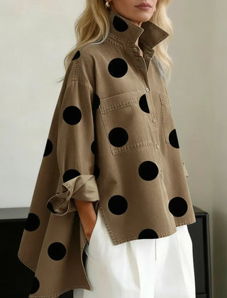 Catherine | Polka Dot Button Up Shirt with Spread Collar and Chest Pockets - Khaki