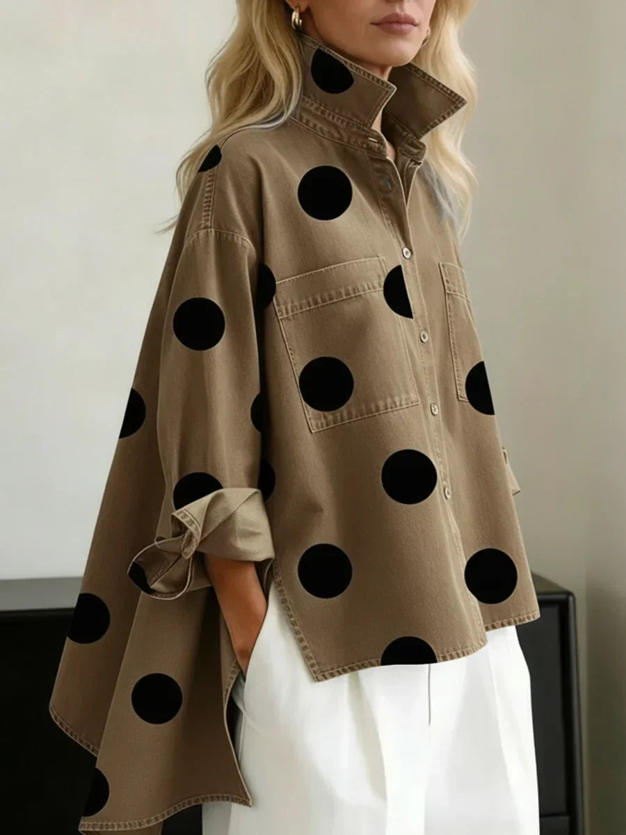 Catherine | Polka Dot Button Up Shirt with Spread Collar and Chest Pockets - Khaki