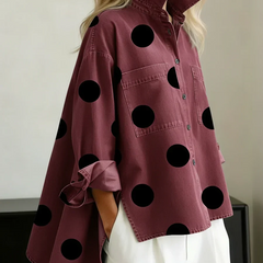 Catherine | Polka Dot Button Up Shirt with Spread Collar and Chest Pockets - Red