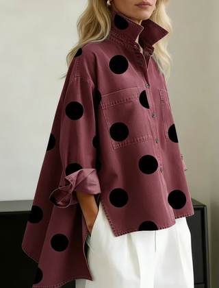 Catherine | Polka Dot Button Up Shirt with Spread Collar and Chest Pockets - Red