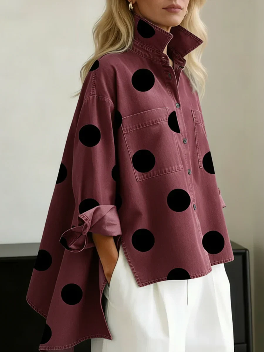 Catherine | Polka Dot Button Up Shirt with Spread Collar and Chest Pockets - Red