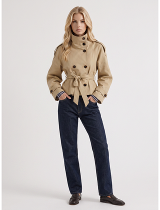 Evelyn | Cropped Trench Coat Double-Breasted With Belt Beige - Beige