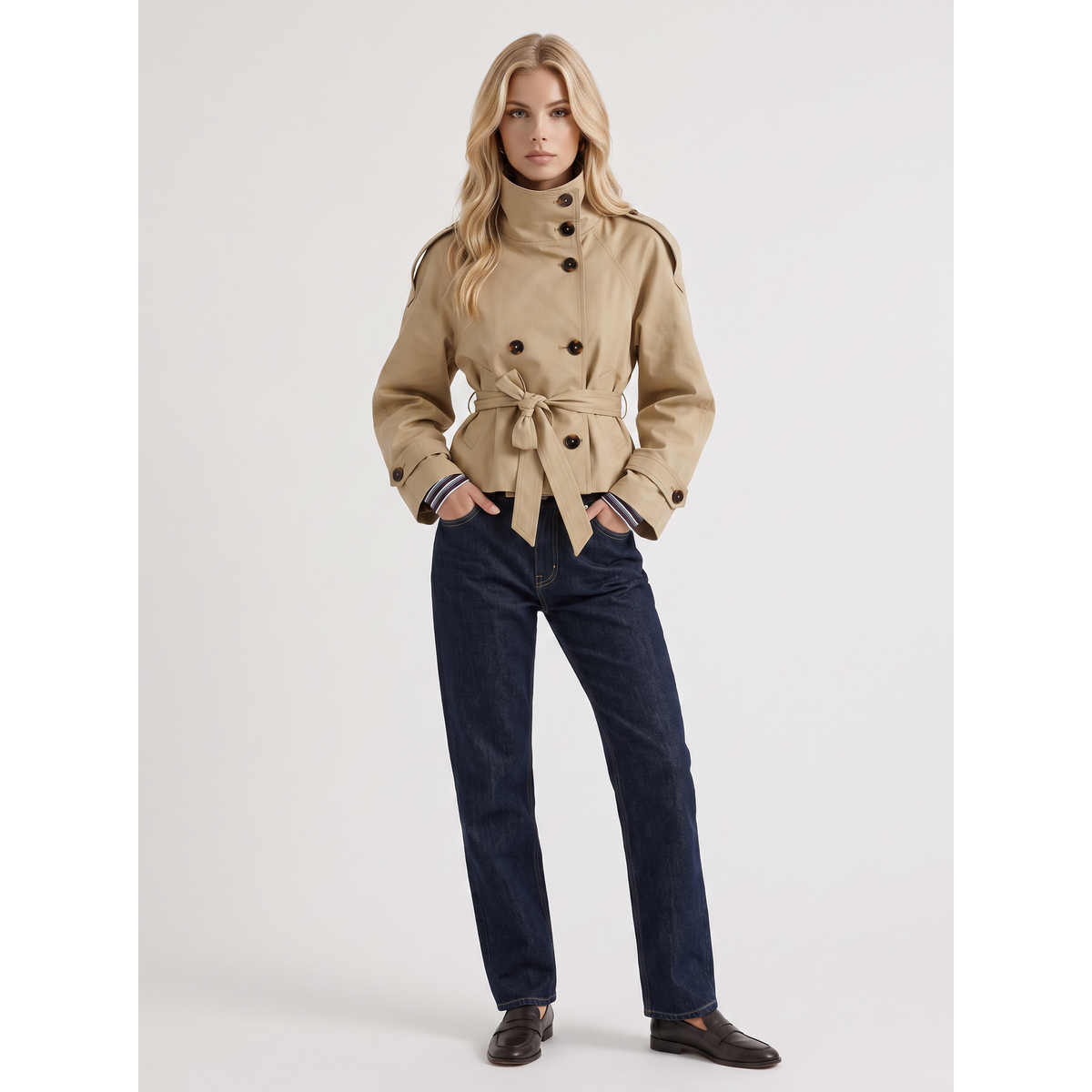 Evelyn | Cropped Trench Coat Double-Breasted With Belt Beige - Beige