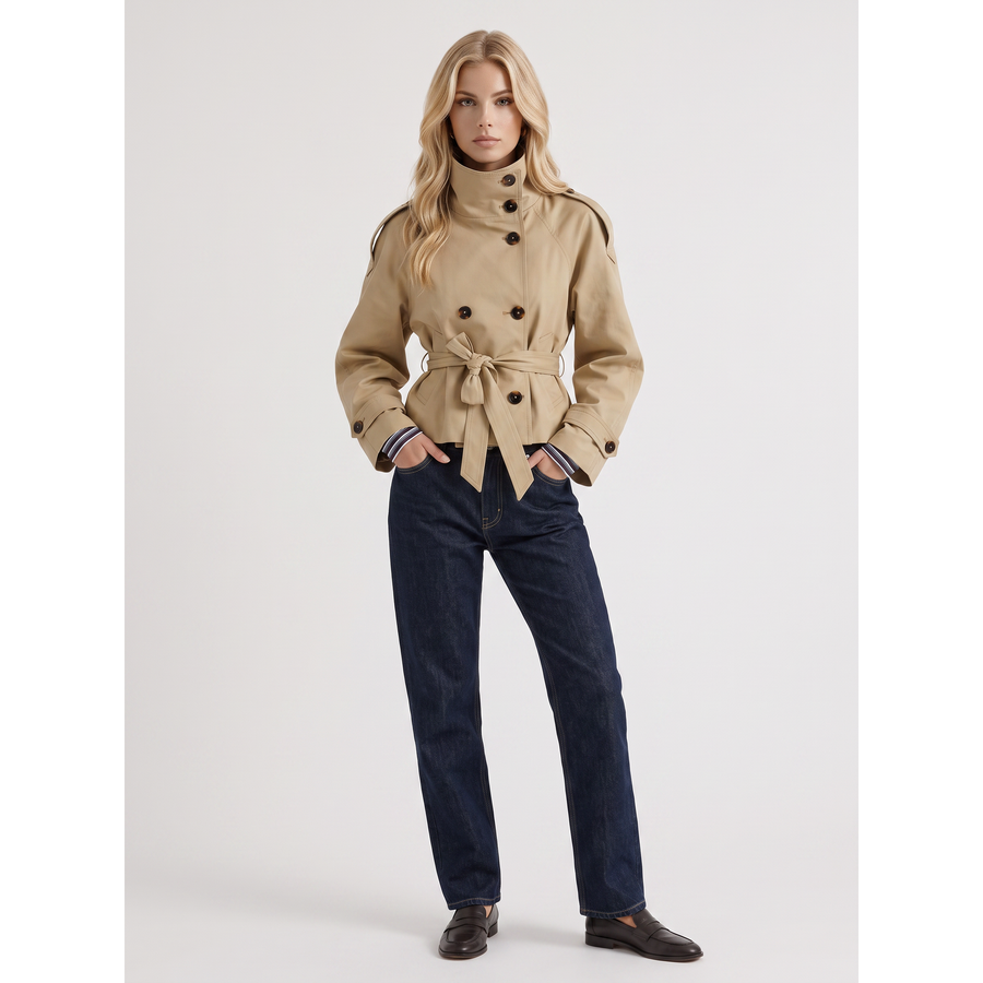 Evelyn | Cropped Trench Coat Double-Breasted With Belt Beige - Beige