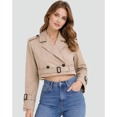 Catherine | Cropped Trench Coat Double-Breasted With Belt Buckles - Khaki