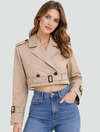 Catherine | Cropped Trench Coat Double-Breasted With Belt Buckles - Khaki