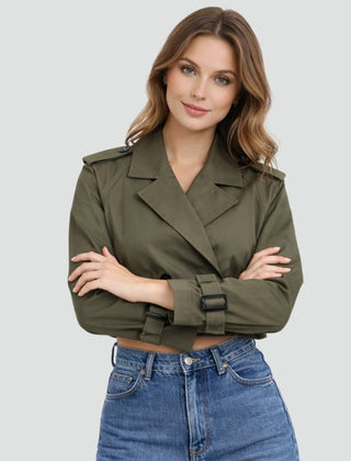 Catherine | Cropped Trench Coat Double-Breasted With Belt Buckles - Army Green