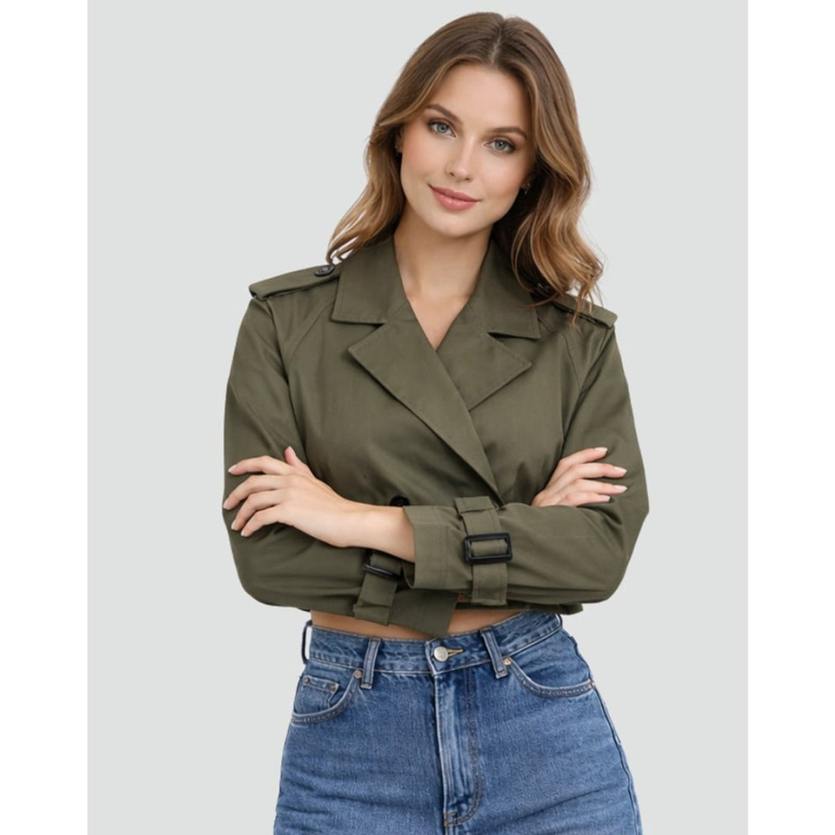 Catherine | Cropped Trench Coat Double-Breasted With Belt Buckles - Army Green
