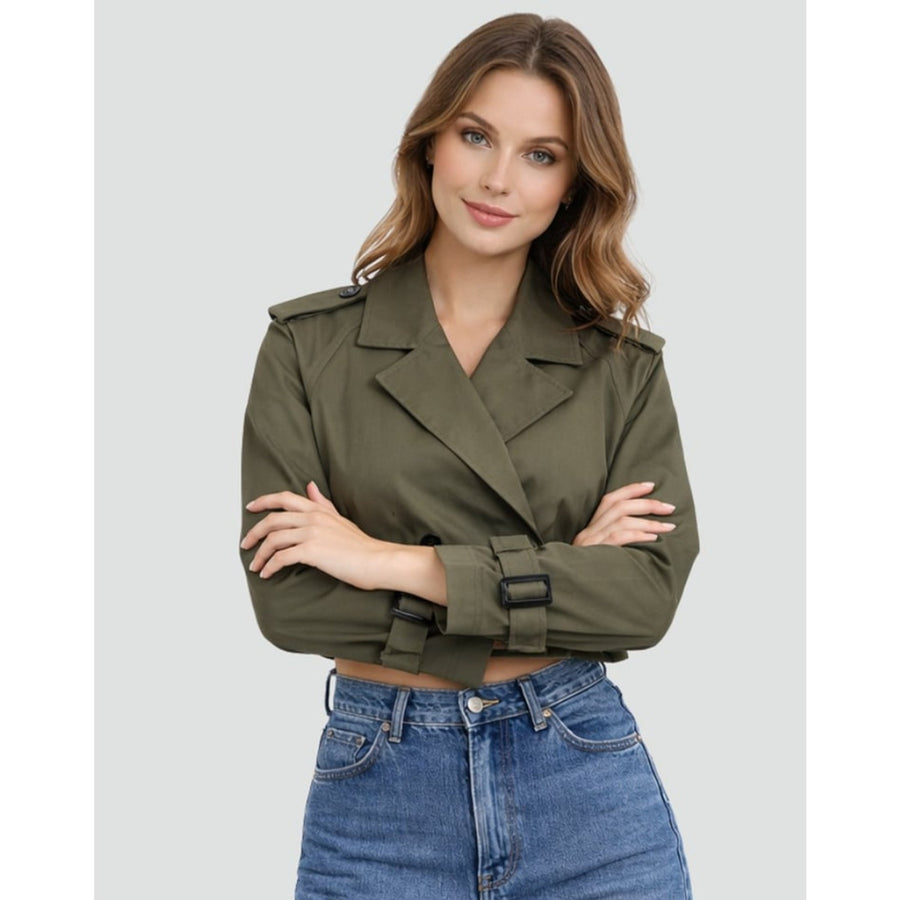 Catherine | Cropped Trench Coat Double-Breasted With Belt Buckles - Army Green