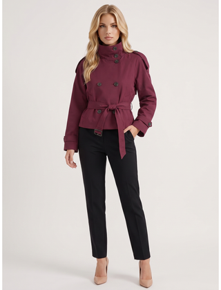 Margaret | Cropped Trench Coat Double-Breasted With Belt Burgundy - Burgundy