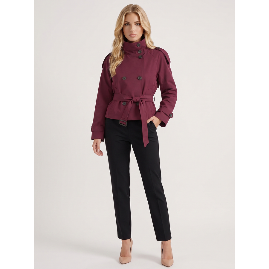 Margaret | Cropped Trench Coat Double-Breasted With Belt Burgundy - Burgundy
