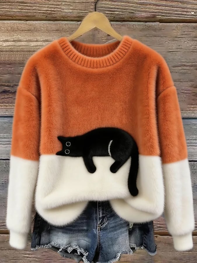 Shirley | Women's Sweatshirt with Cat Graphic - Orange