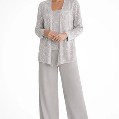 Ruby | Women's Sequin Lace Three Piece Wide Leg Wedding Guest Trouser Suit - Silver