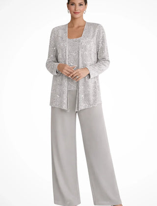 Ruby | Women's Sequin Lace Three Piece Wide Leg Wedding Guest Trouser Suit - Silver