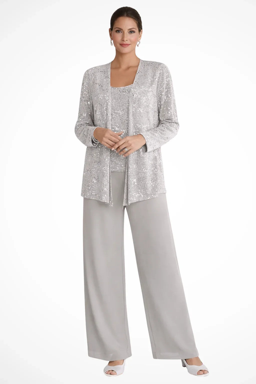 Ruby | Women's Sequin Lace Three Piece Wide Leg Wedding Guest Trouser Suit - Silver