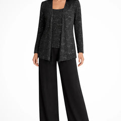Ruby | Women's Sequin Lace Three Piece Wide Leg Wedding Guest Trouser Suit - Black