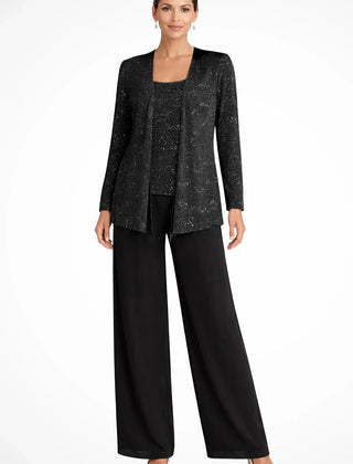 Ruby | Women's Sequin Lace Three Piece Wide Leg Wedding Guest Trouser Suit - Black