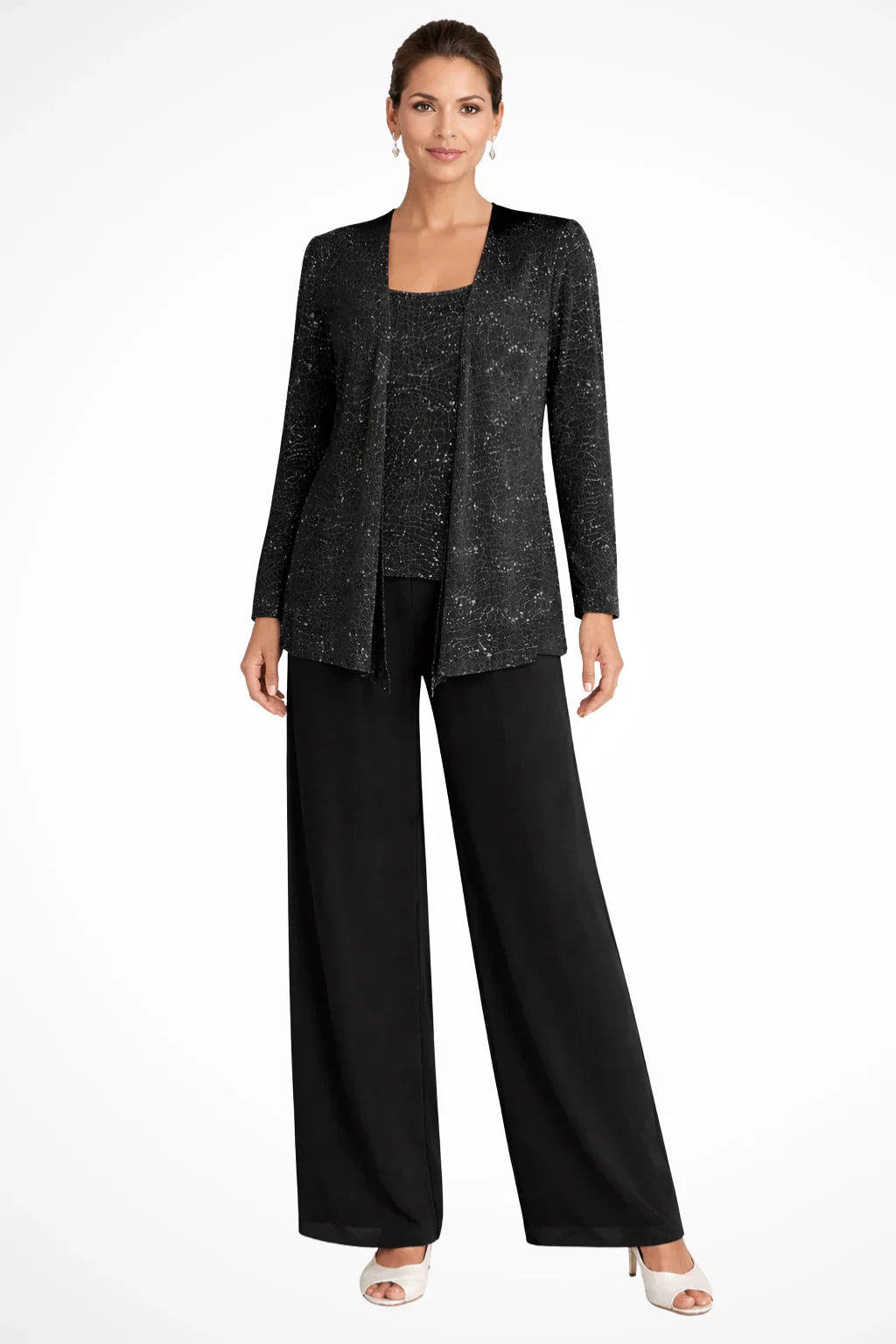 Ruby | Women's Sequin Lace Three Piece Wide Leg Wedding Guest Trouser Suit - Black