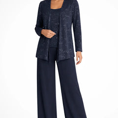 Ruby | Women's Sequin Lace Three Piece Wide Leg Wedding Guest Trouser Suit - Navy Blue