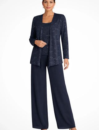 Ruby | Women's Sequin Lace Three Piece Wide Leg Wedding Guest Trouser Suit - Navy Blue
