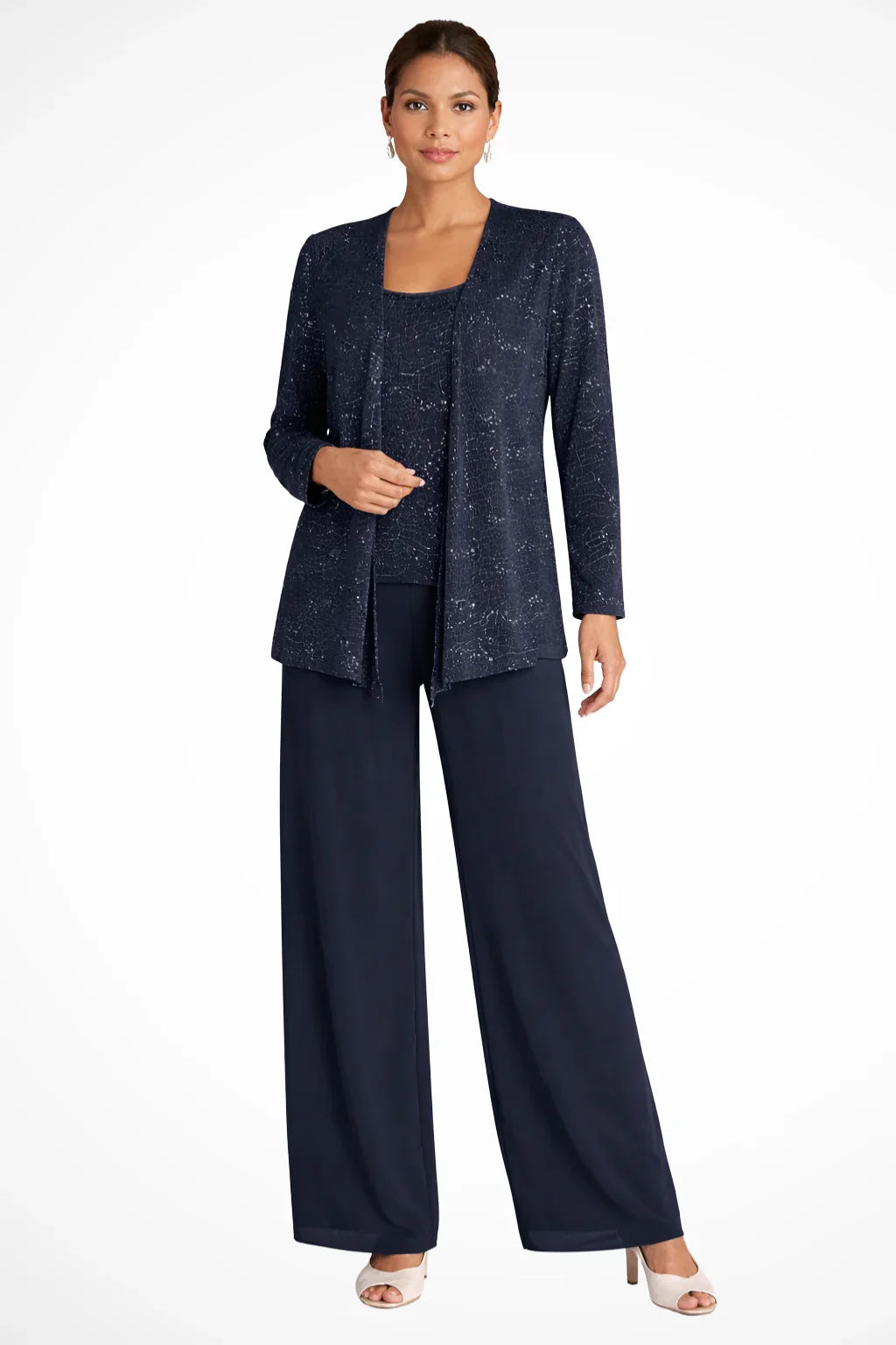 Ruby | Women's Sequin Lace Three Piece Wide Leg Wedding Guest Trouser Suit - Navy Blue