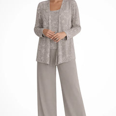 Ruby | Women's Sequin Lace Three Piece Wide Leg Wedding Guest Trouser Suit - Taupe