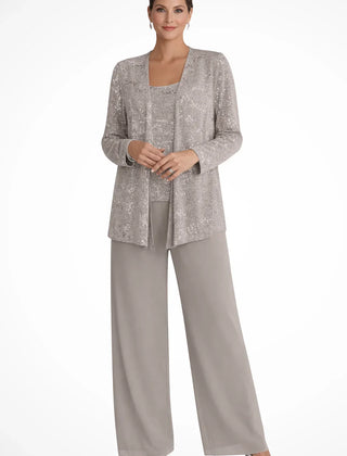 Ruby | Women's Sequin Lace Three Piece Wide Leg Wedding Guest Trouser Suit - Taupe