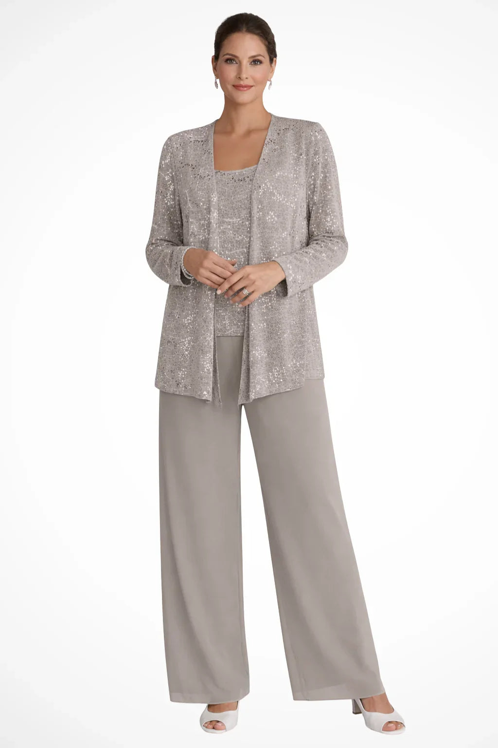 Ruby | Women's Sequin Lace Three Piece Wide Leg Wedding Guest Trouser Suit - Taupe