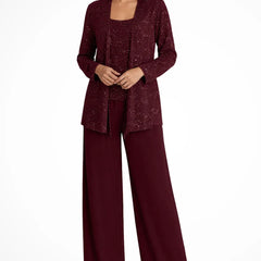 Ruby | Women's Sequin Lace Three Piece Wide Leg Wedding Guest Trouser Suit - Burgundy