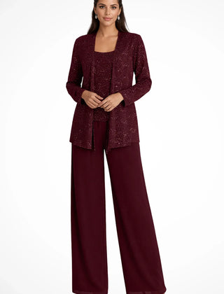 Ruby | Women's Sequin Lace Three Piece Wide Leg Wedding Guest Trouser Suit - Burgundy