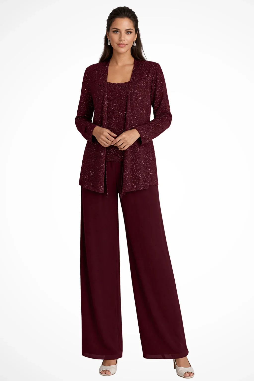 Ruby | Women's Sequin Lace Three Piece Wide Leg Wedding Guest Trouser Suit - Burgundy