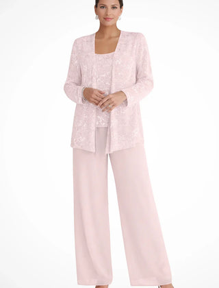 Ruby | Women's Sequin Lace Three Piece Wide Leg Wedding Guest Trouser Suit - Light Pink