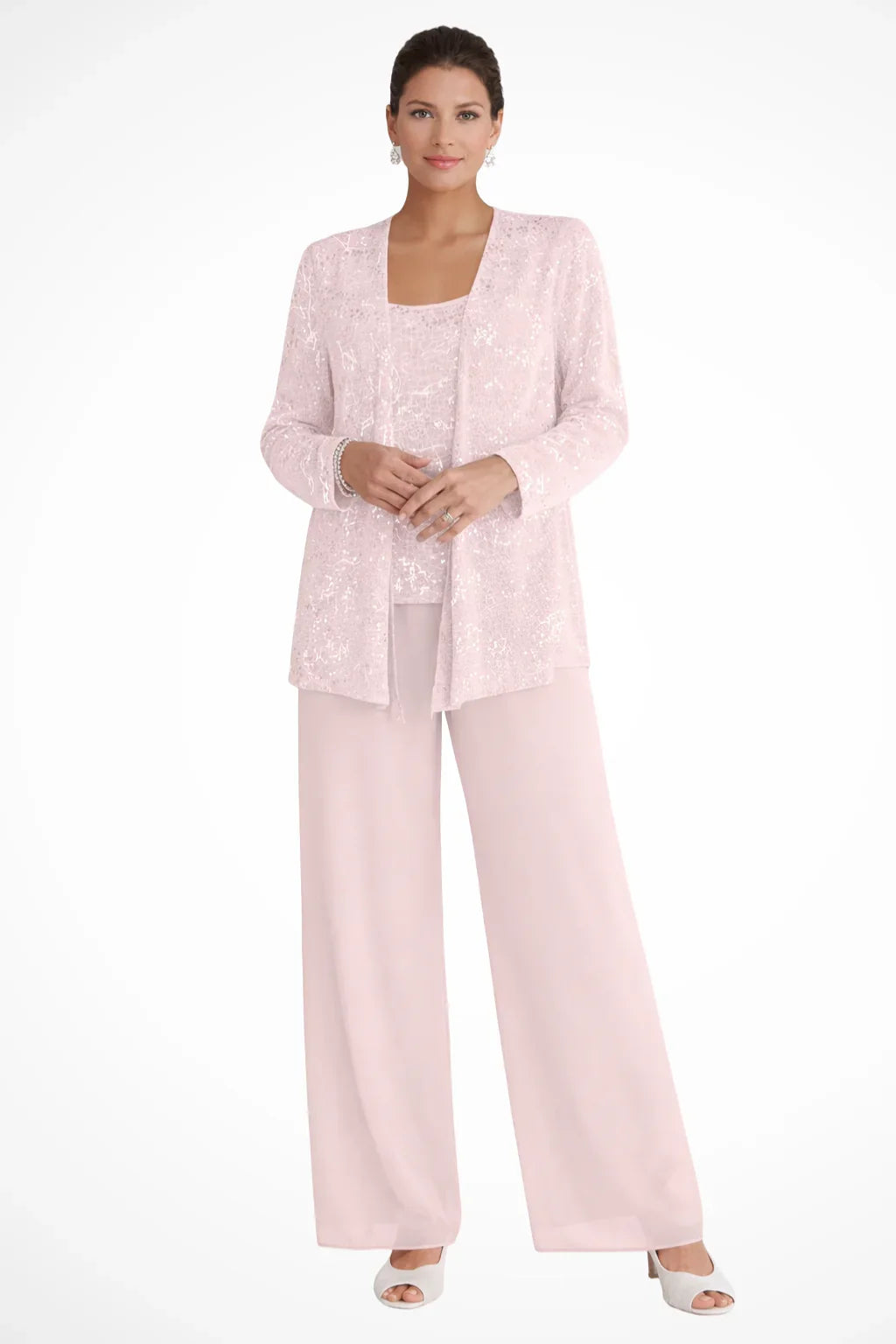 Ruby | Women's Sequin Lace Three Piece Wide Leg Wedding Guest Trouser Suit - Light Pink
