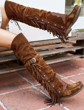 Edith | Women's Slip On Brown Suede Fringe Over The Knee Boots with Buckle Strap - Brown