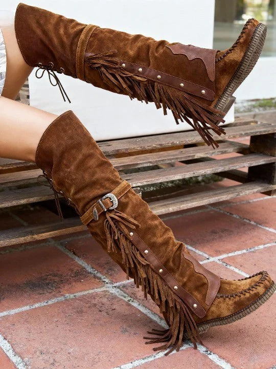 Edith | Women's Slip On Brown Suede Fringe Over The Knee Boots with Buckle Strap - Brown