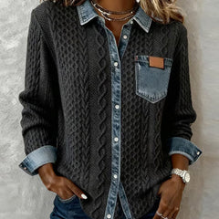 Denise | Long Sleeve Shirt with Cable Knit and Denim Accents - Dark Gray