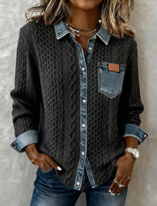 Denise | Long Sleeve Shirt with Cable Knit and Denim Accents - Dark Gray