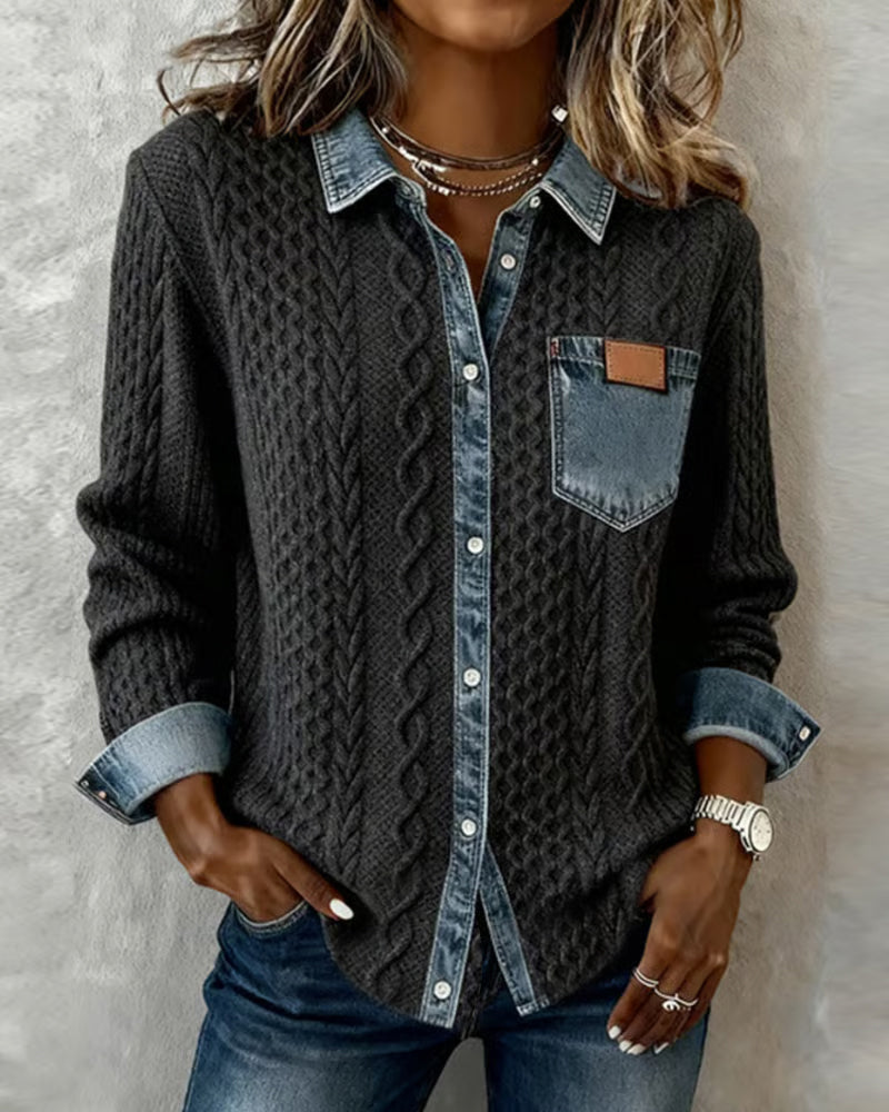 Denise | Long Sleeve Shirt with Cable Knit and Denim Accents - Dark Gray