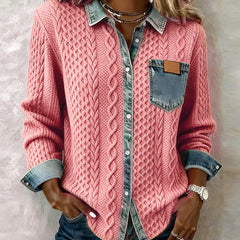 Denise | Long Sleeve Shirt with Cable Knit and Denim Accents - Pink