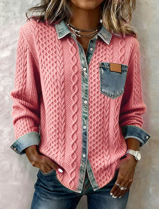 Denise | Long Sleeve Shirt with Cable Knit and Denim Accents - Pink