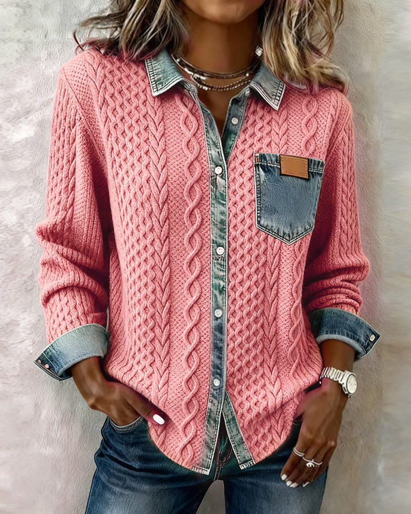 Denise | Long Sleeve Shirt with Cable Knit and Denim Accents - Pink