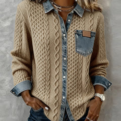 Denise | Long Sleeve Shirt with Cable Knit and Denim Accents - Khaki